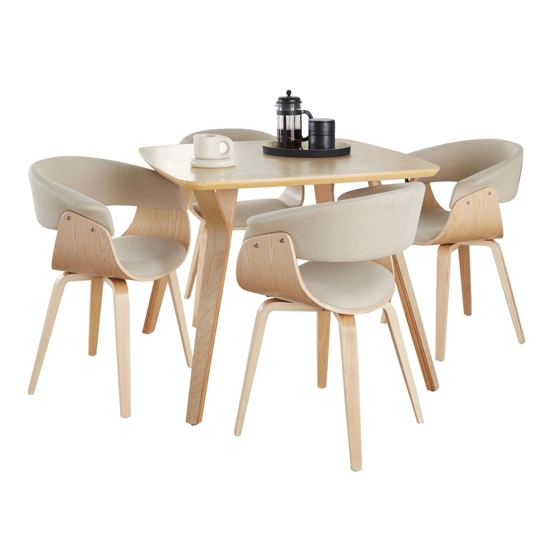 Folia-Vintage Mod Mid-Century Modern Square Dining Set in Natural Wood and Cream Fabric by LumiSource - 5 Piece