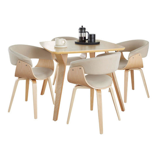 Folia-Vintage Mod Mid-Century Modern Square Dining Set in Natural Wood and Cream Fabric by LumiSource - 5 Piece