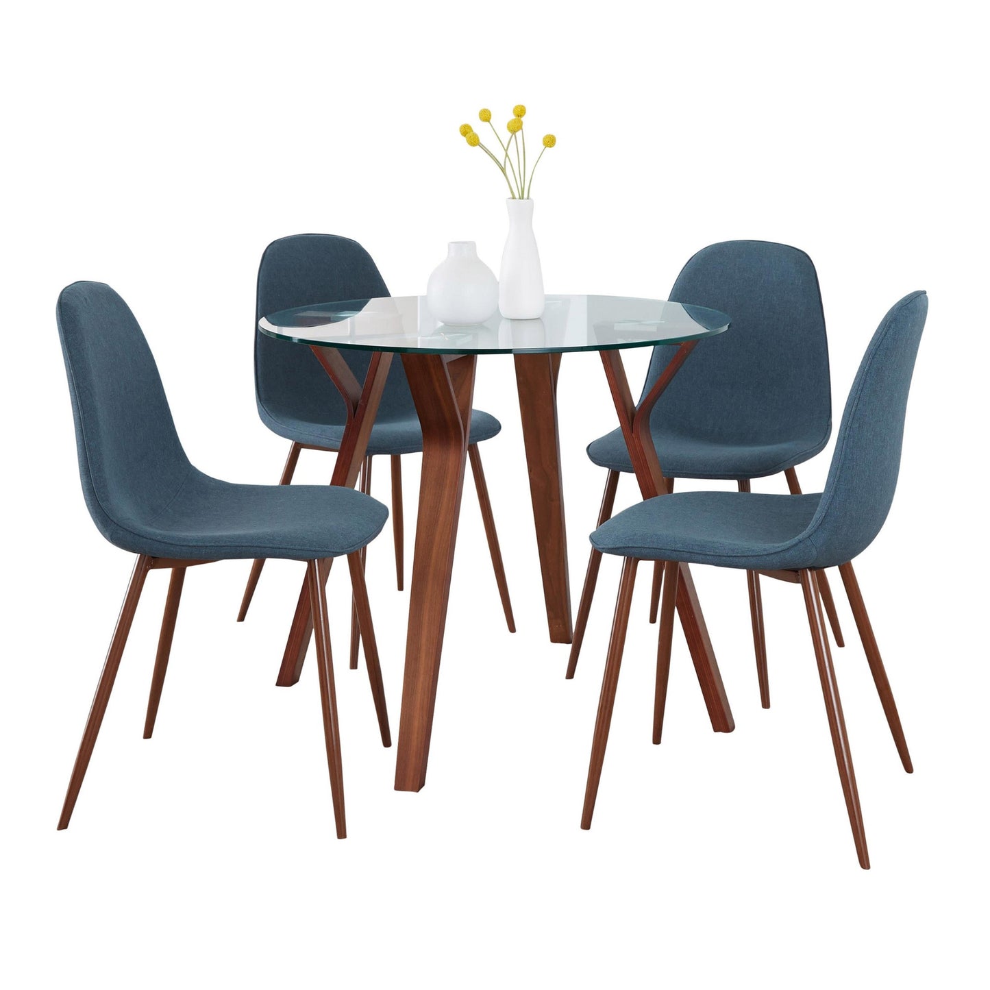 Folia Round Pebble Mid-Century Modern 5 Piece Dining Set, Blue Fabric