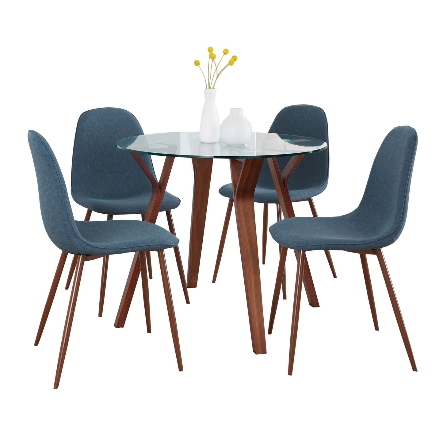 Folia Round Pebble Mid-Century Modern 5 Piece Dining Set, Blue Fabric