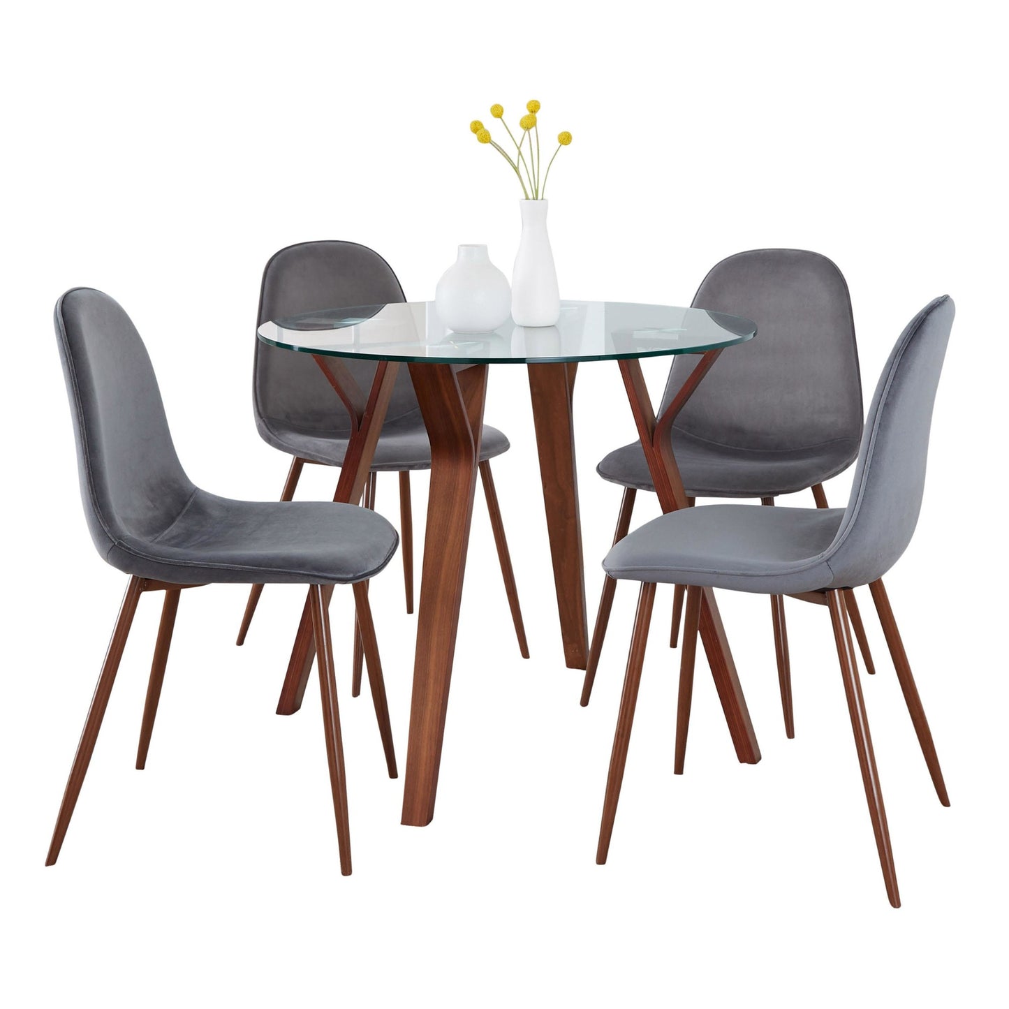 Folia Round Pebble Mid-Century Modern 5 Piece Dining Set, Grey Velvet