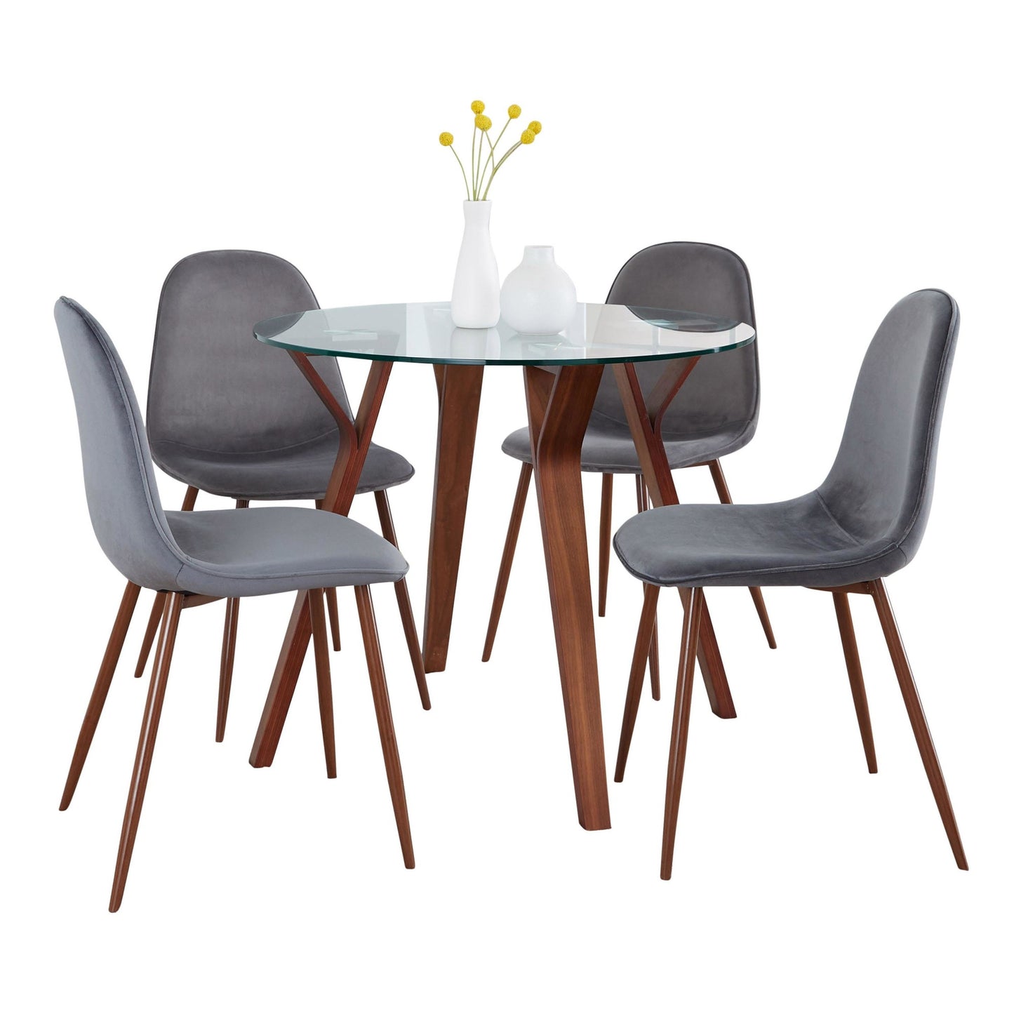 Folia Round Pebble Mid-Century Modern 5 Piece Dining Set, Grey Velvet