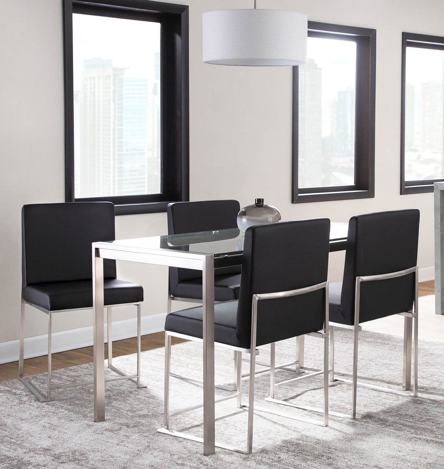Fuji High Back Contemporary Dining Set in Brushed Stainless Steel, Clear Glass and Black Faux Leather by LumiSource - 5 Piece