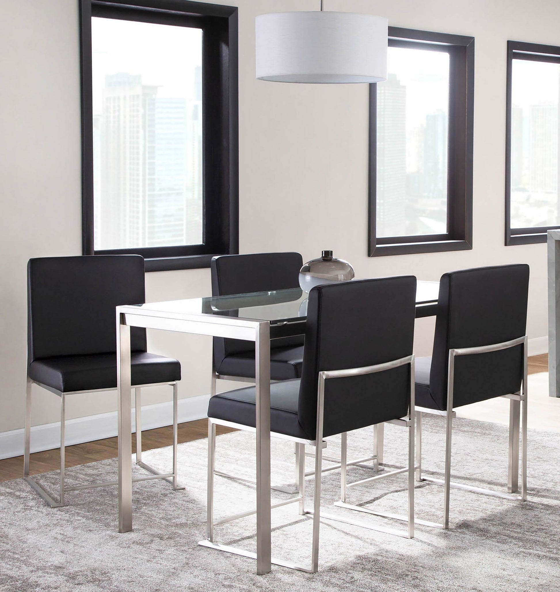 Fuji High Back Contemporary Dining Set in Brushed Stainless Steel, Clear Glass and Black Faux Leather by LumiSource - 5 Piece