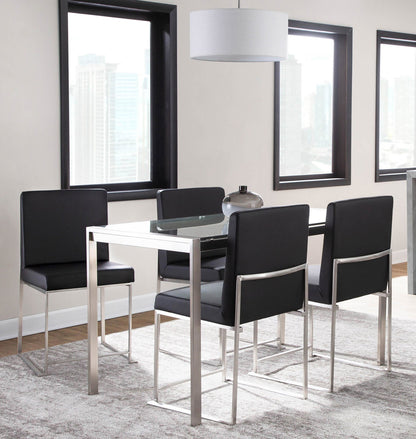 Fuji High Back Contemporary Dining Set in Brushed Stainless Steel, Clear Glass and Black Faux Leather by LumiSource - 5 Piece