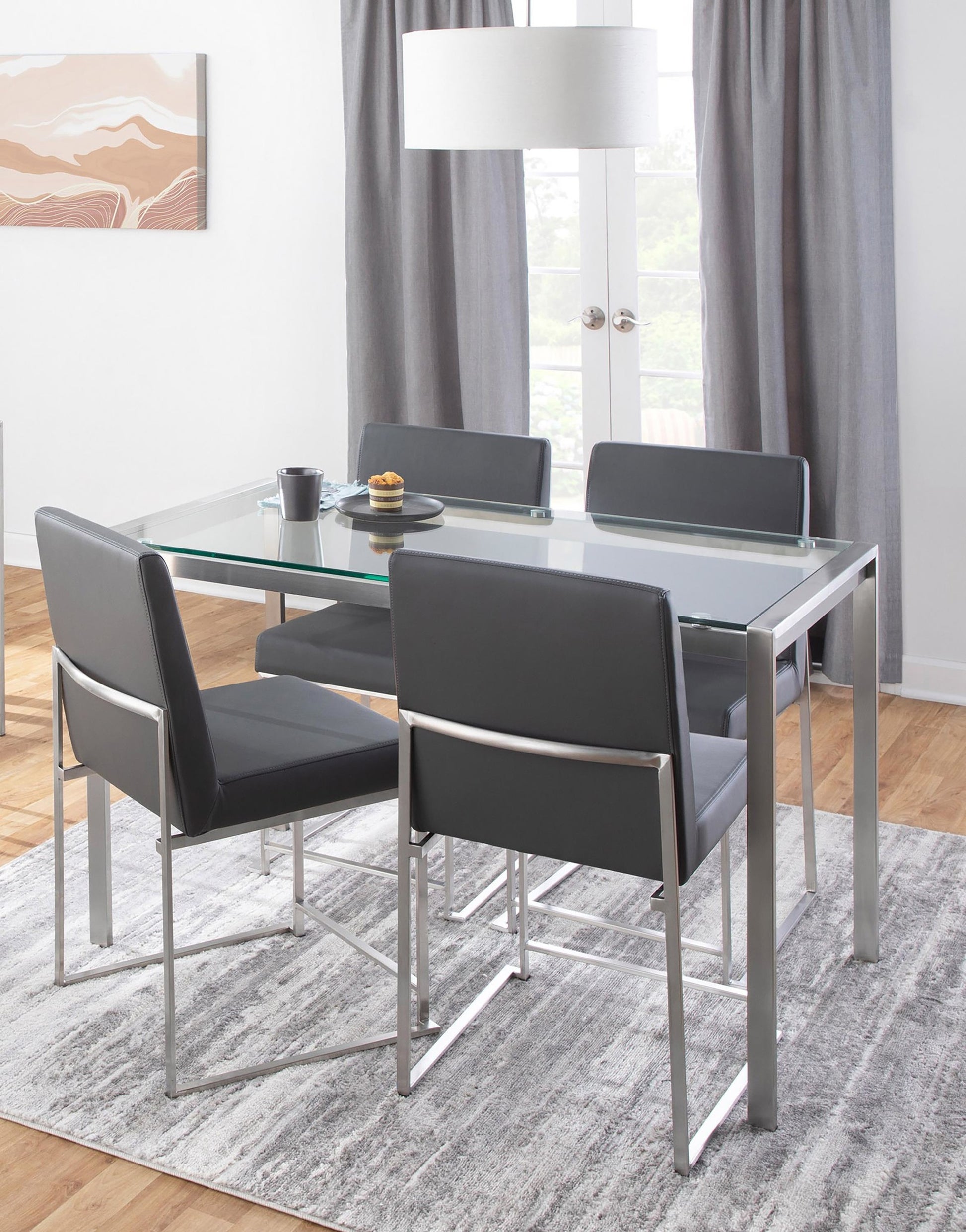 Fuji High Back Contemporary Dining Set in Brushed Stainless Steel, Clear Glass and Grey Faux Leather by LumiSource - 5 Piece