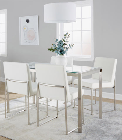 Fuji High Back Contemporary Dining Set in Brushed Stainless Steel, Clear Glass and White Faux Leather by LumiSource - 5 Piece