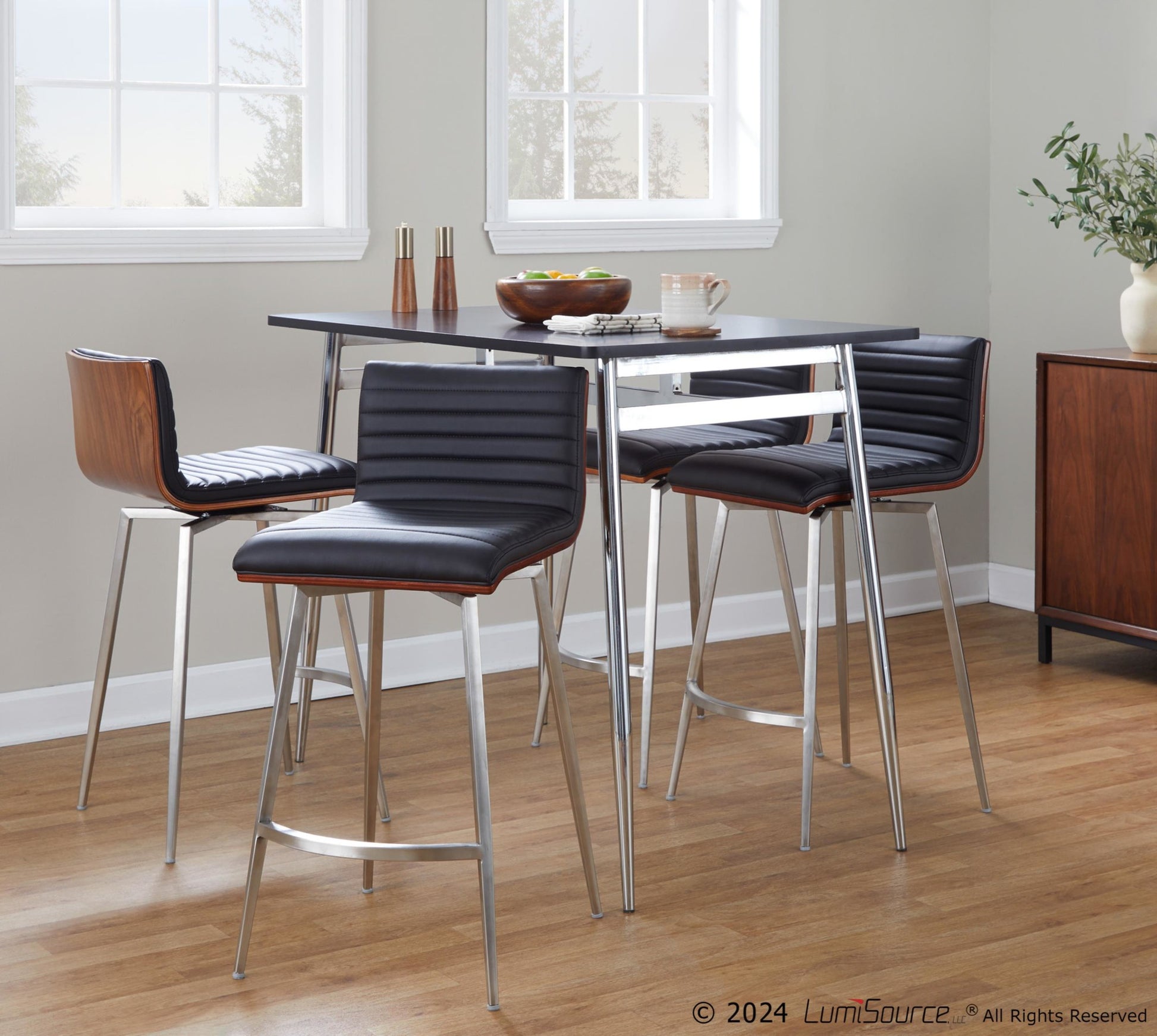 Marcel-Mason Swivel Contemporary Counter Height Dining Set in Chrome Metal with Black Wood Tabletop and Stainless Steel, Walnut Wood with Black Faux Leather by LumiSource - 5 Piece