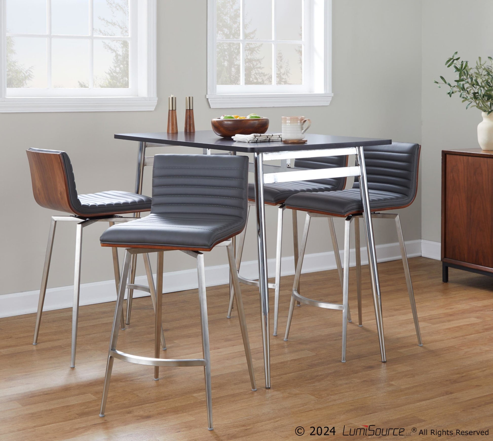 Marcel-Mason Swivel Contemporary Counter Height Dining Set in Chrome Metal with Black Wood Tabletop and Stainless Steel, Walnut Wood with Grey Faux Leather by LumiSource - 5 Piece
