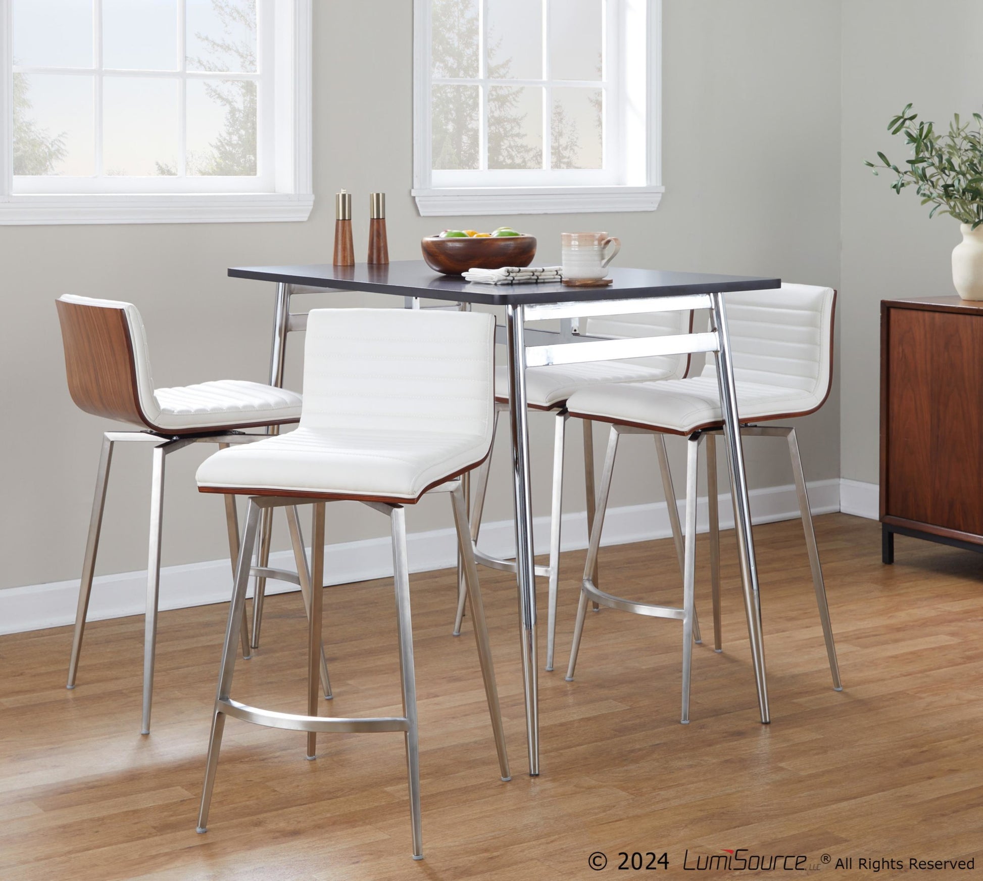 Marcel-Mason Swivel Contemporary Counter Height Dining Set in Chrome Metal with Black Wood Tabletop and Stainless Steel, Walnut Wood with White Faux Leather by LumiSource - 5 Piece